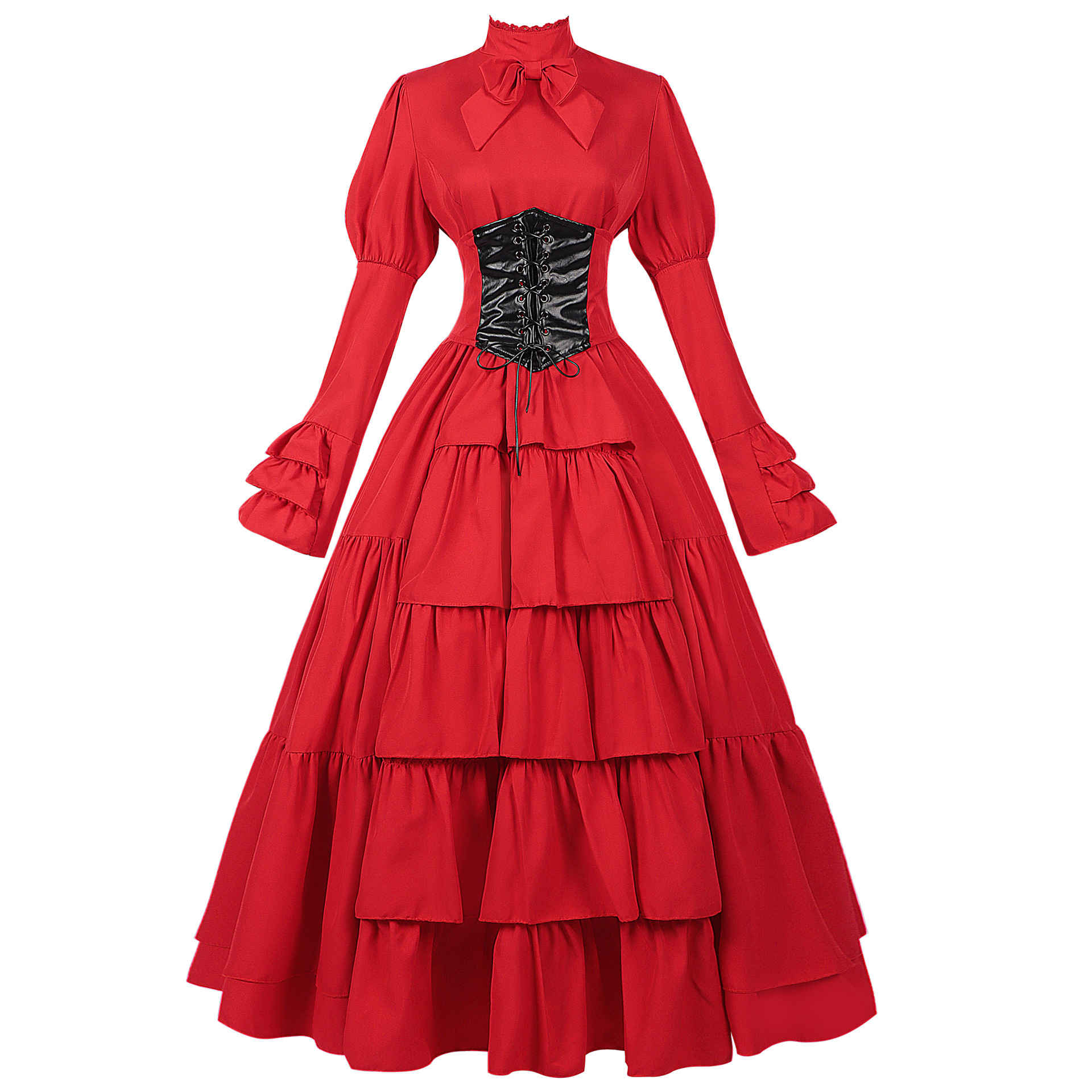 Womens Gothic Victorian Ball Gown - Long Sleeve Tiered Corset Dress